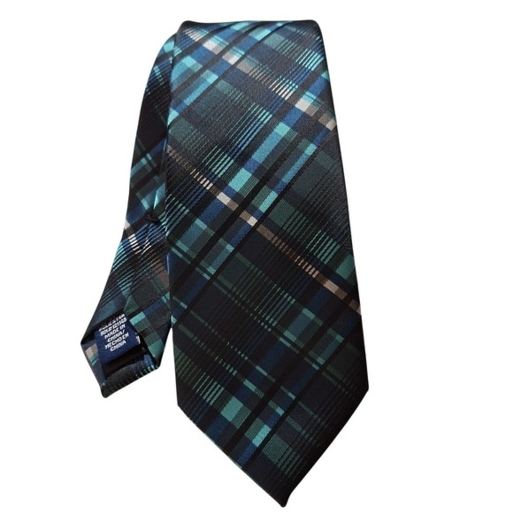 Mens Necktie J. Ferrar JF Luxury Green‎ Gray Plaid Woven Designer Tie